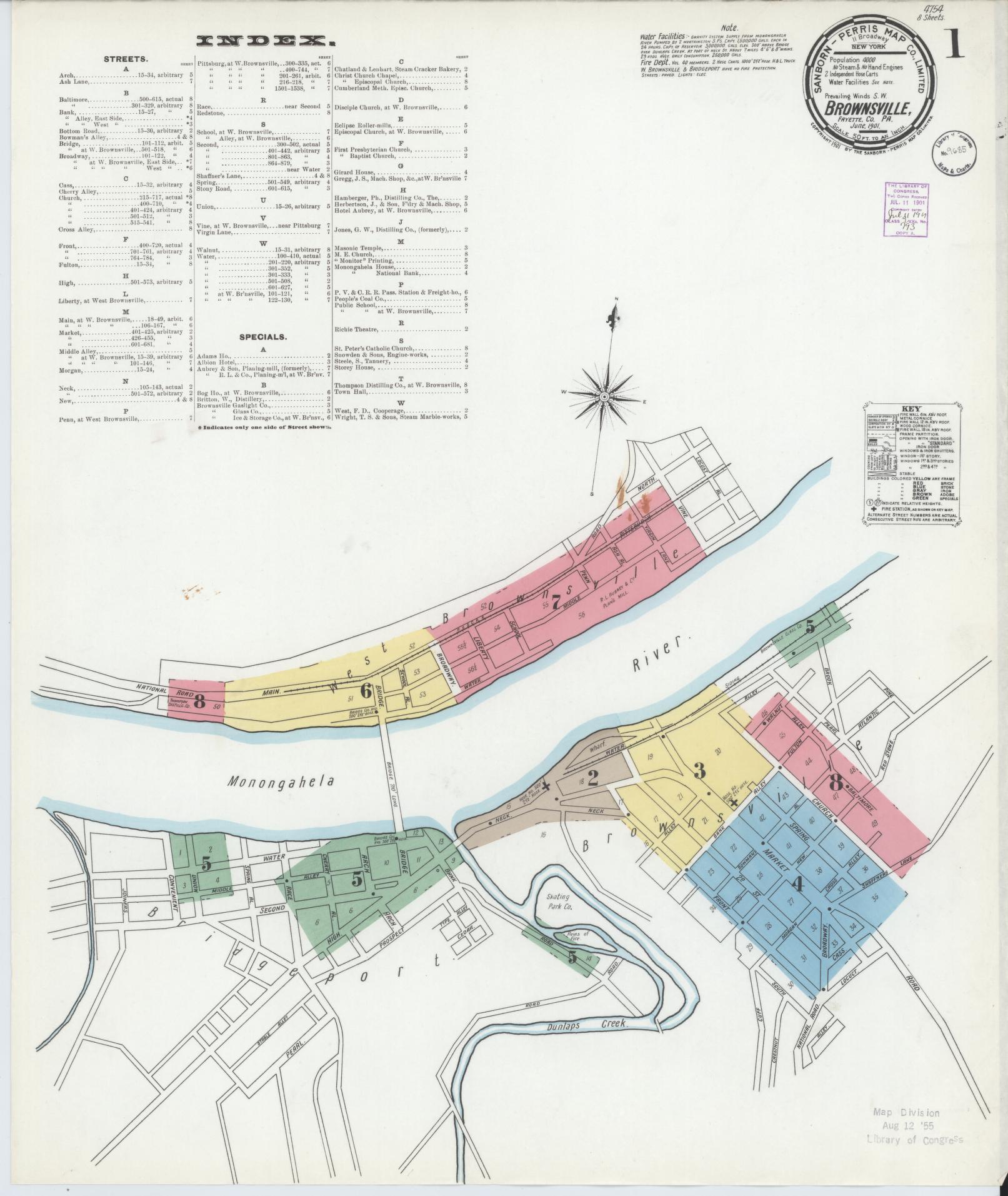Sanborn Fire Insurance Map from Brownsville, Fayette County, Pennsylvania (1901), Sheet #0001 - Historic Sanborn Fire Insurance Map Print, vintage old map wall art, antique decor, genealogy gift, Pennsylvania Pennsylvania map