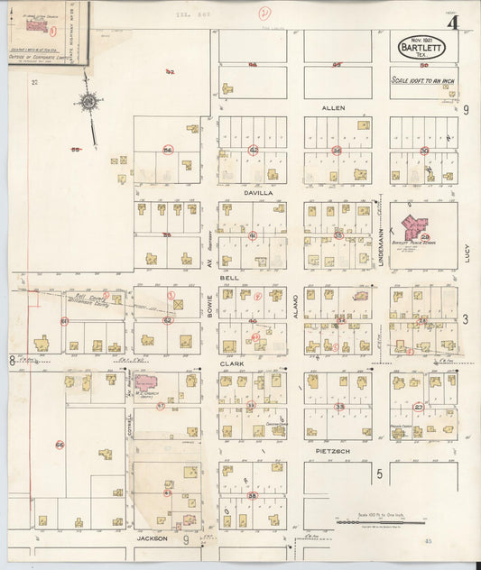 Sanborn Fire Insurance Map from Bartlett, Bell and Williamson Counties, Texas (1940), Sheet #0004 - Historic Sanborn Fire Insurance Map Print, vintage old map wall art, antique decor, genealogy gift, Texas Texas map