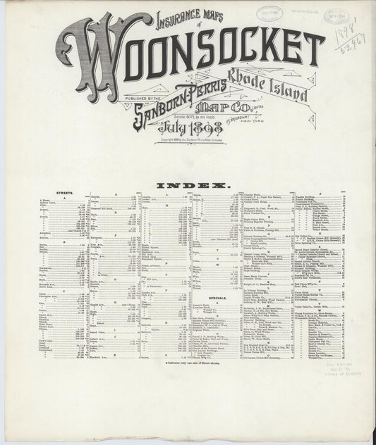 Sanborn Fire Insurance Map from Woonsocket, Providence County, Rhode Island (1898), Sheet #0001 - Historic Sanborn Fire Insurance Map Print, vintage old map wall art, antique decor, genealogy gift, Rhode Island Rhode Island map