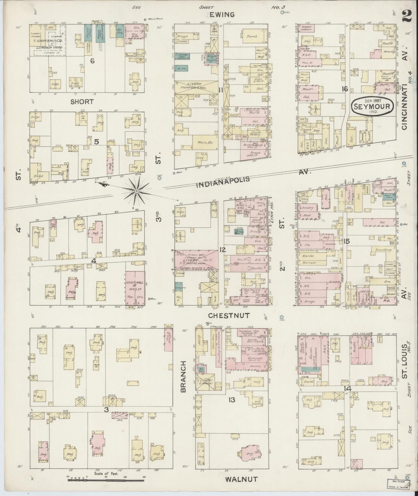 Sanborn Fire Insurance Map from Seymour, Jackson County, Indiana (1887), Sheet #0002 - Complete Map Set gallery image, historic Sanborn map, vintage wall art, Indiana Indiana