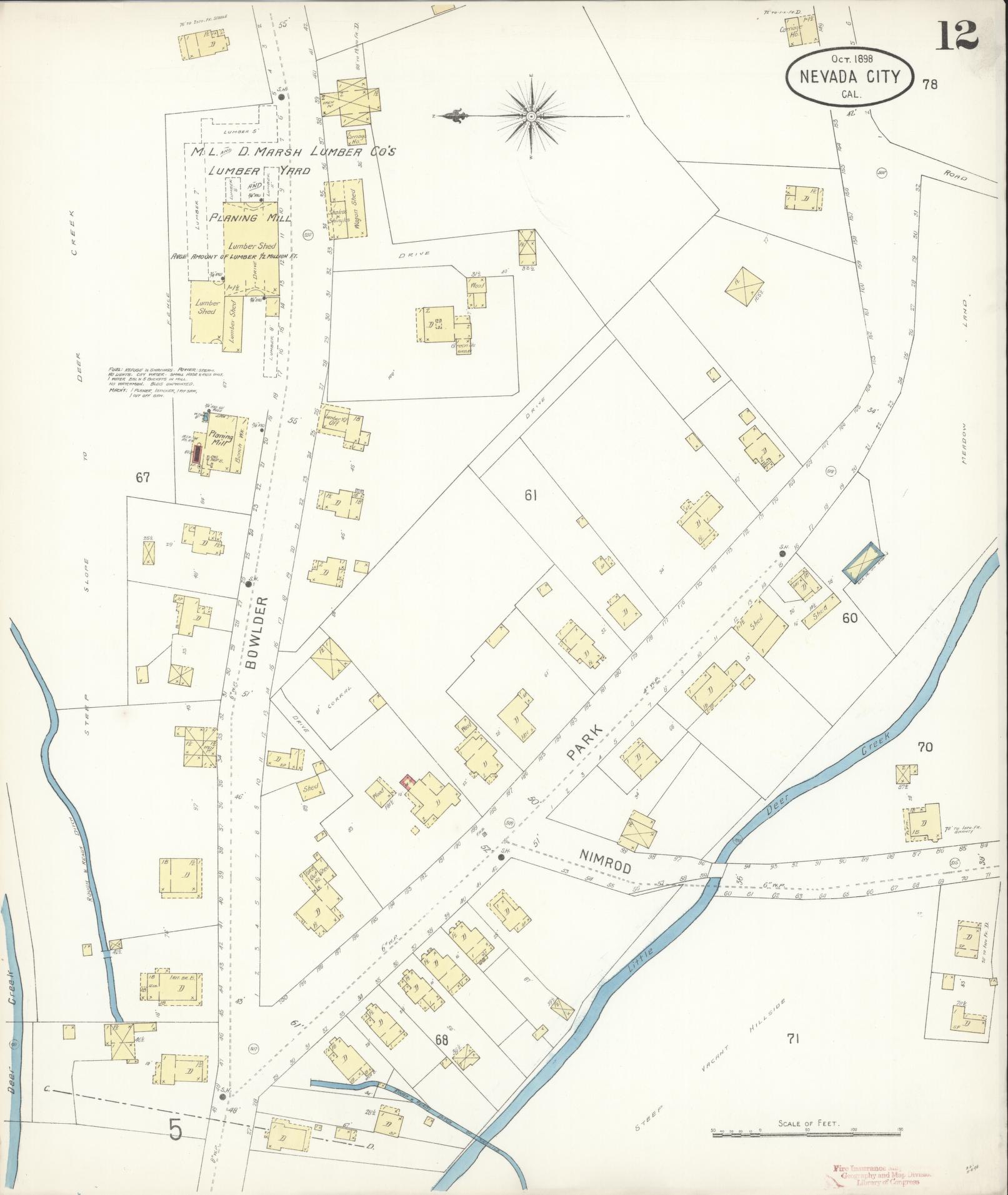 Sanborn Fire Insurance Map from Nevada City, Nevada County, California (1898), Sheet #0012 - Historic Sanborn Fire Insurance Map Print, vintage old map wall art, antique decor, genealogy gift, California California map