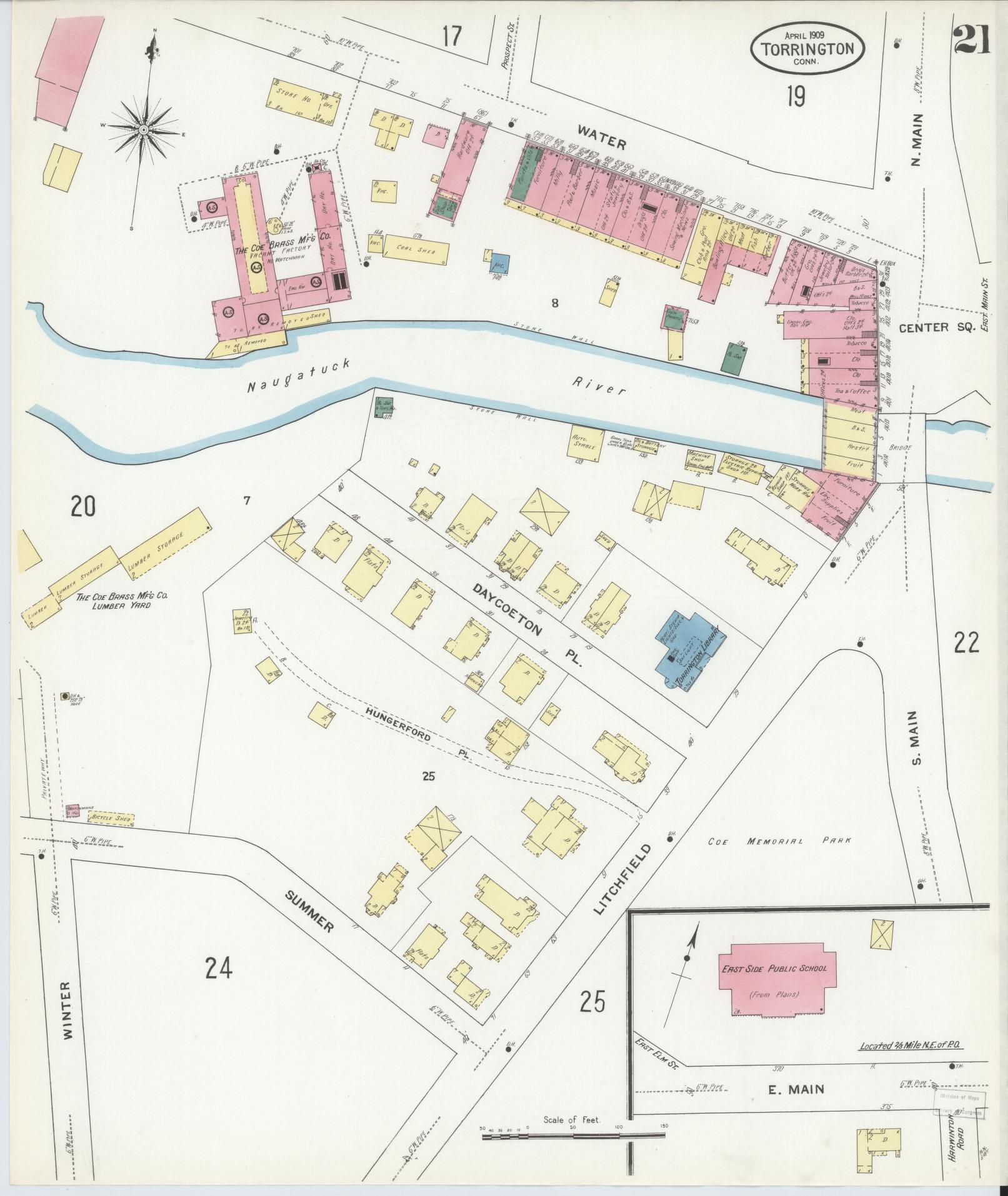 Sanborn Fire Insurance Map from Torrington, Litchfield County, Connecticut (1909), Sheet #0021 - Historic Sanborn Fire Insurance Map Print, vintage old map wall art, antique decor, genealogy gift, Connecticut Connecticut map