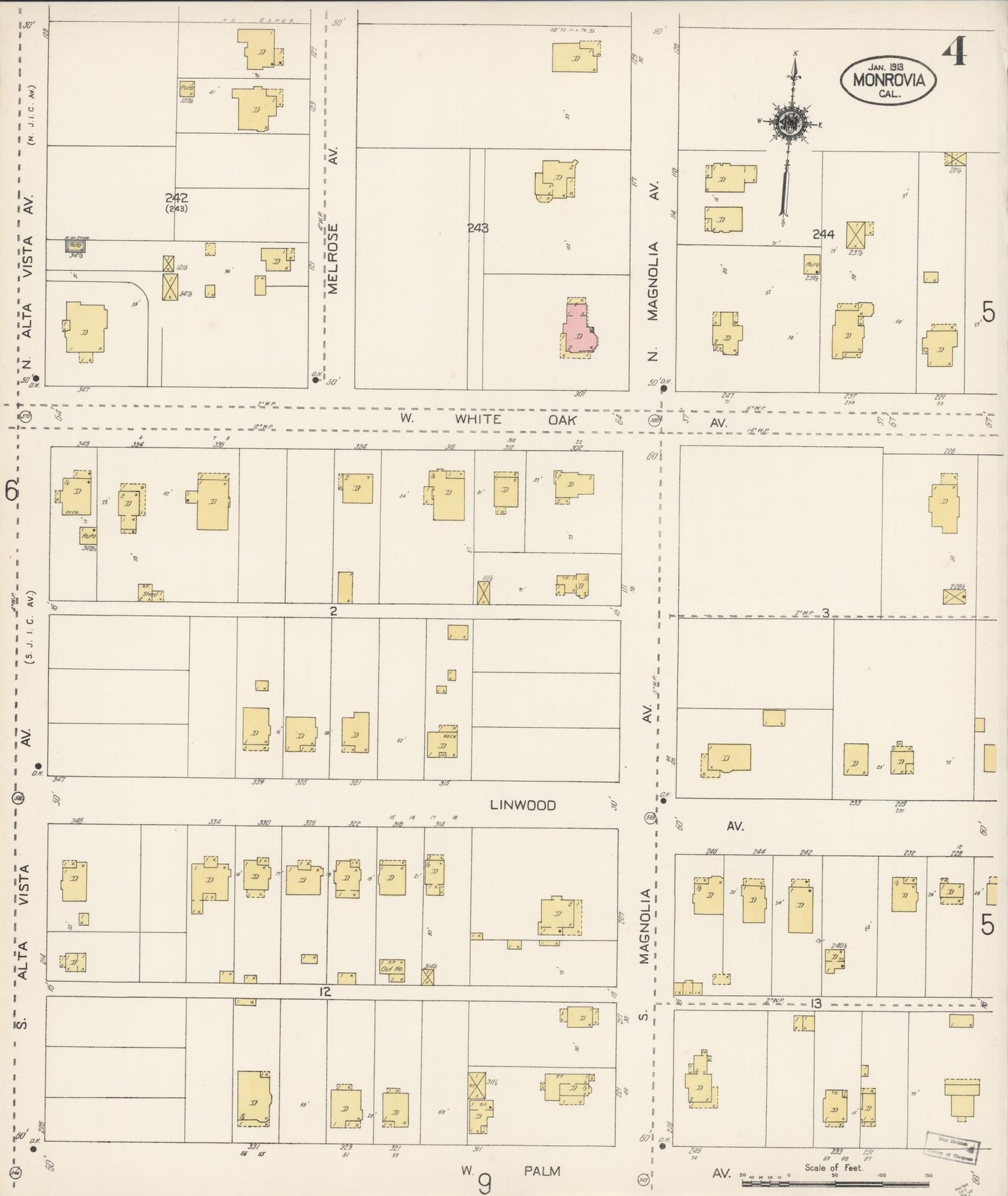 Sanborn Fire Insurance Map from Monrovia, Los Angeles County, California (1913), Sheet #0004 - Complete Map Set gallery image, historic Sanborn map, vintage wall art, California California