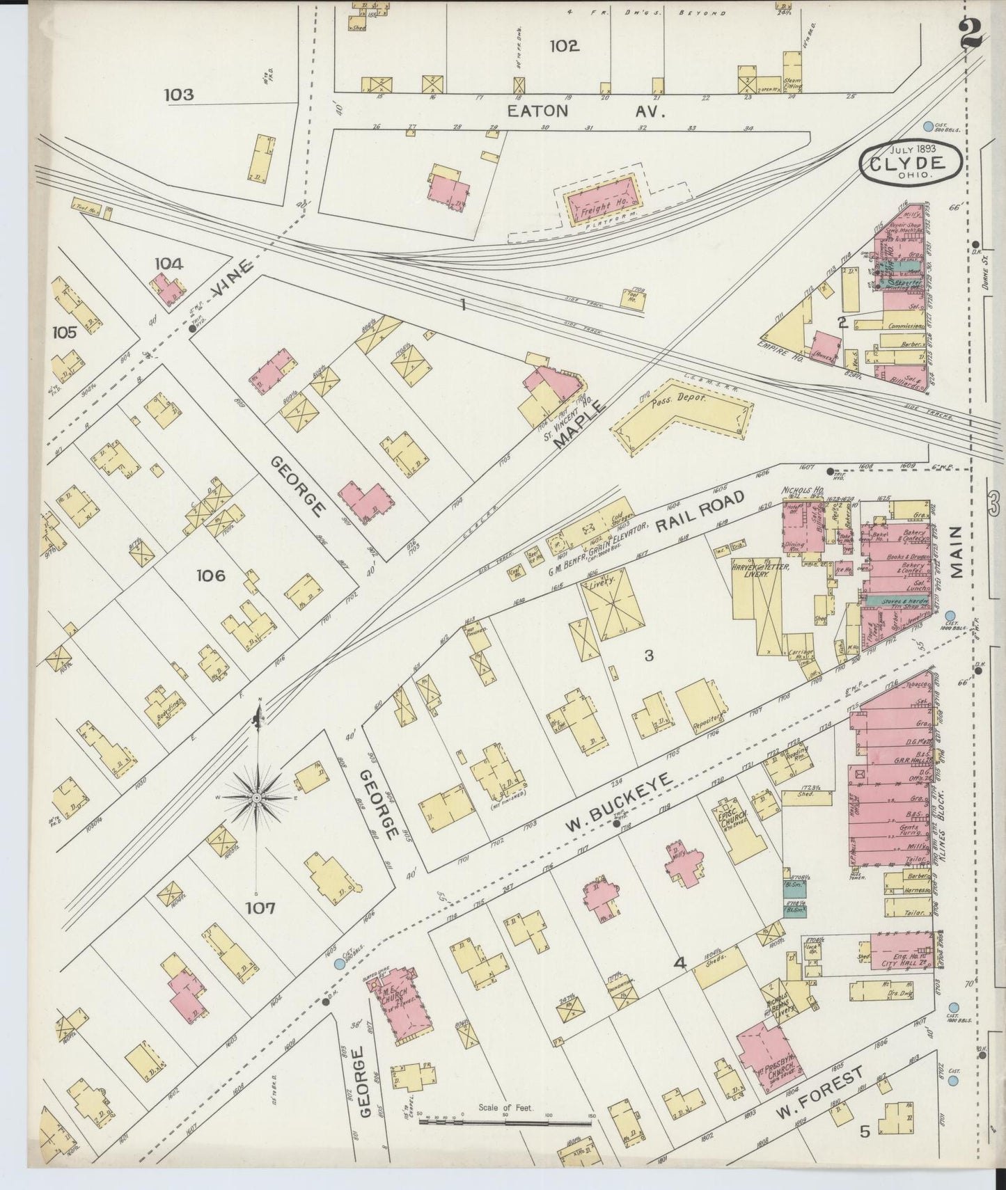 Sanborn Fire Insurance Map from Clyde, Sandusky County, Ohio (1893), Sheet #0002 - Historic Sanborn Fire Insurance Map Print, vintage old map wall art, antique decor, genealogy gift, Ohio Ohio map