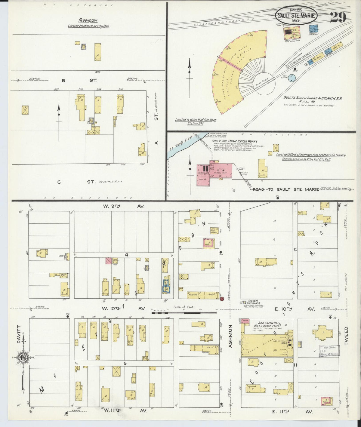 Sanborn Fire Insurance Map from Sault Sainte Marie, Chippewa County, Michigan (1915), Sheet #0029 - Historic Sanborn Fire Insurance Map Print, vintage old map wall art, antique decor, genealogy gift, Michigan Michigan map
