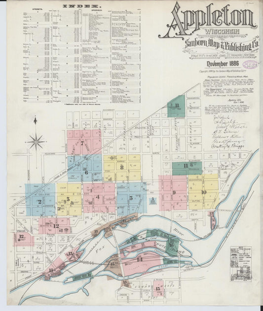Sanborn Fire Insurance Map from Appleton, Outagamie County, Wisconsin (1886), Sheet #0001 - Complete Map Set gallery image, historic Sanborn map, vintage wall art, Wisconsin Wisconsin