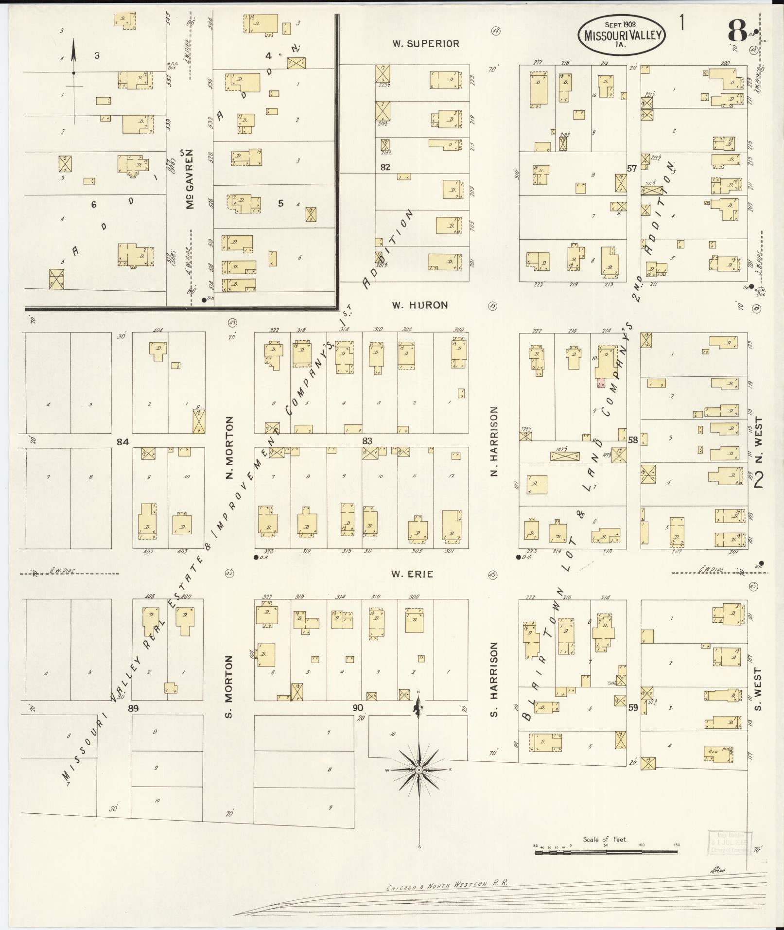 Sanborn Fire Insurance Map from Missouri Valley, Harrison County, Iowa (1908), Sheet #0008 - Historic Sanborn Fire Insurance Map Print, vintage old map wall art, antique decor, genealogy gift, Missouri Missouri map