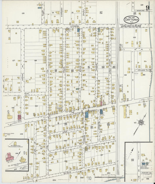 Sanborn Fire Insurance Map from Daytona, Volusia County, Florida (1916), Sheet #0009 - Historic Sanborn Fire Insurance Map Print, vintage old map wall art, antique decor, genealogy gift, Florida Florida map