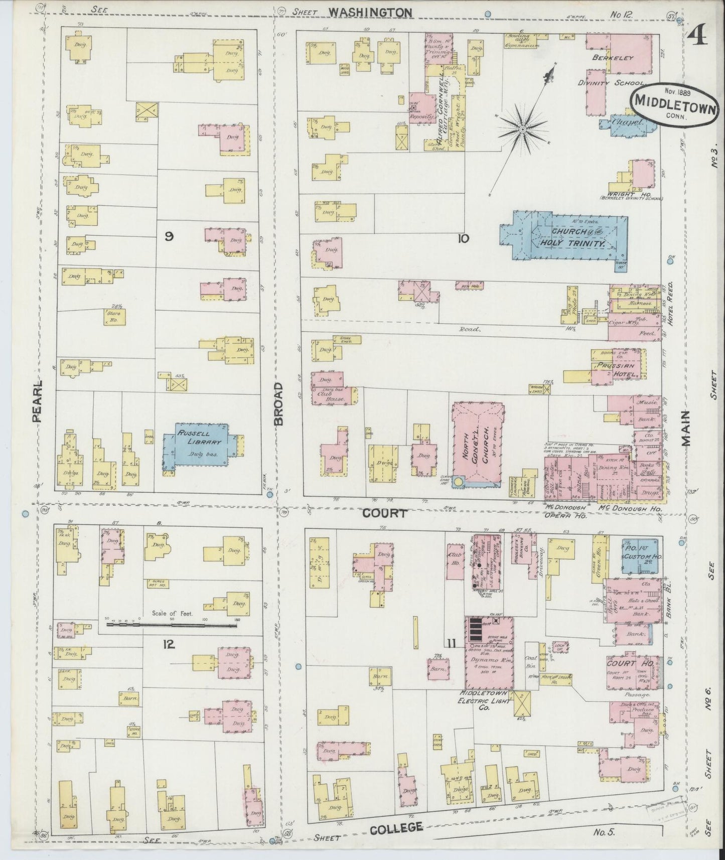 Sanborn Fire Insurance Map from Middletown, Middlesex County, Connecticut (1889), Sheet #0004 - Historic Sanborn Fire Insurance Map Print, vintage old map wall art, antique decor, genealogy gift, Connecticut Connecticut map