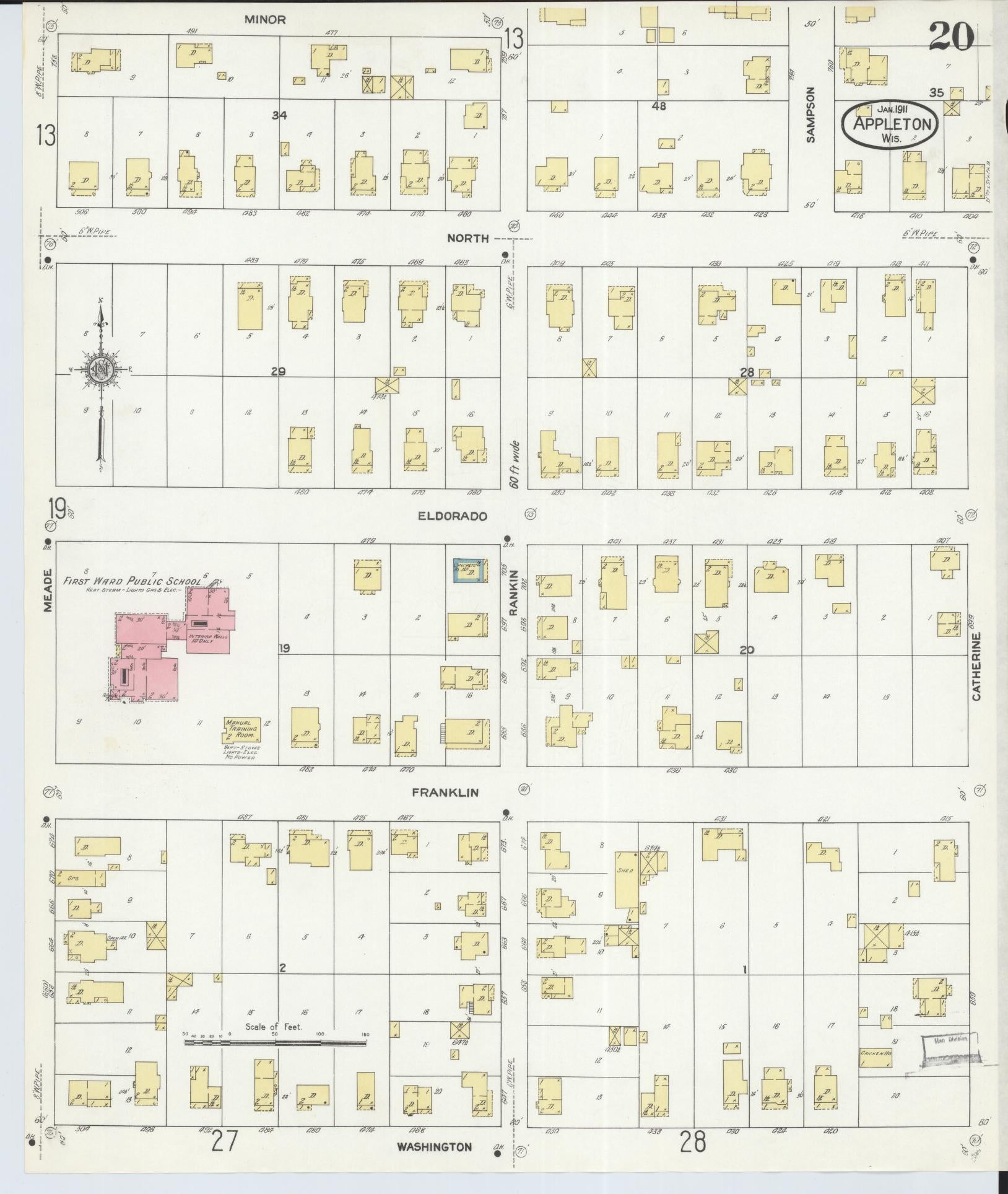 Sanborn Fire Insurance Map from Appleton, Outagamie County, Wisconsin (1911), Sheet #0020 - Complete Map Set gallery image, historic Sanborn map, vintage wall art, Wisconsin Wisconsin