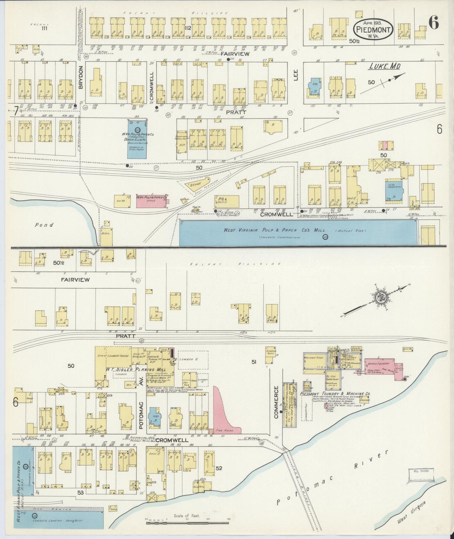 Sanborn Fire Insurance Map from Piedmont, Mineral County, West Virginia (1913), Sheet #0006 - Complete Map Set gallery image, historic Sanborn map, vintage wall art, West Virginia West Virginia