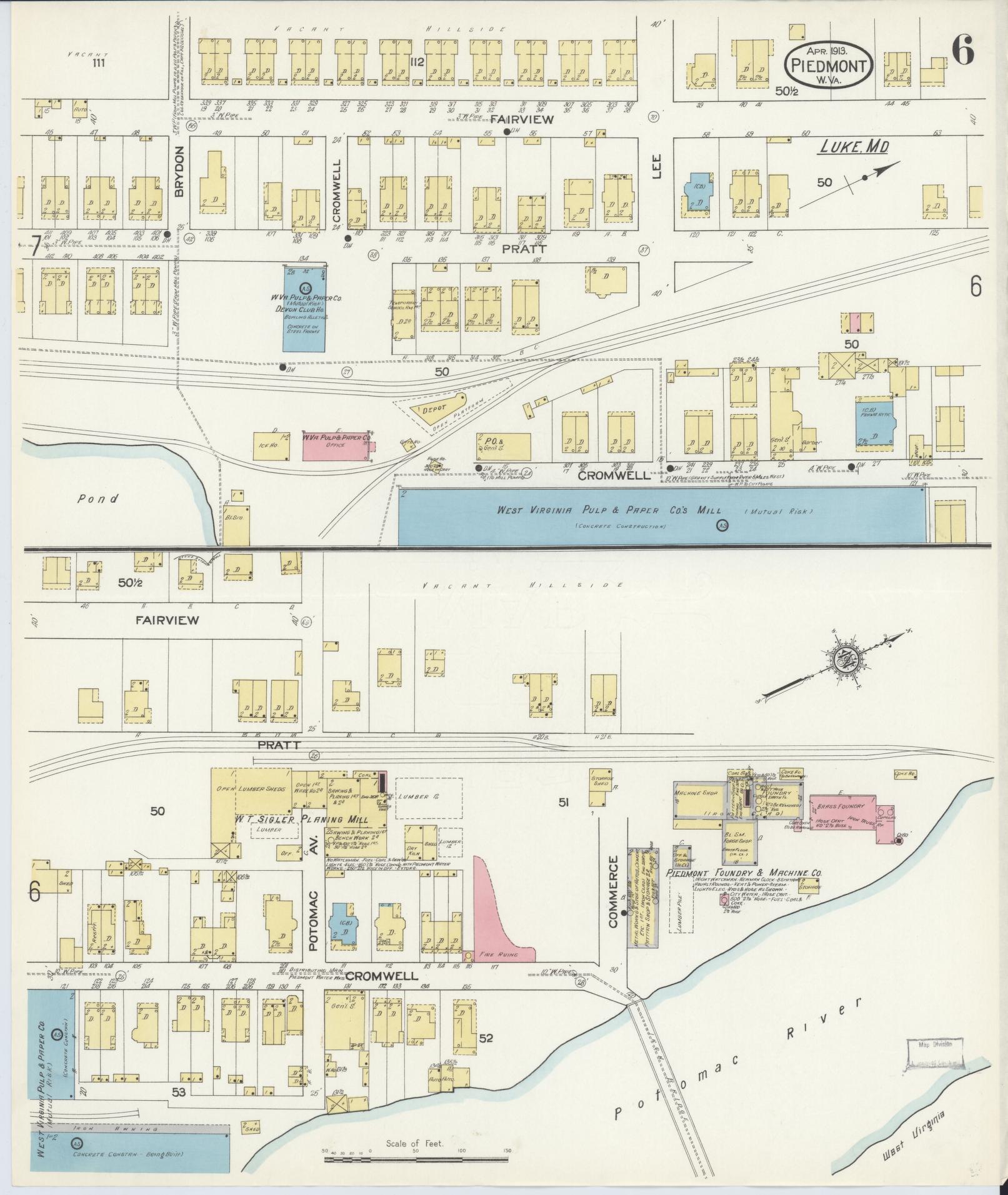 Sanborn Fire Insurance Map from Piedmont, Mineral County, West Virginia (1913), Sheet #0006 - Complete Map Set gallery image, historic Sanborn map, vintage wall art, West Virginia West Virginia