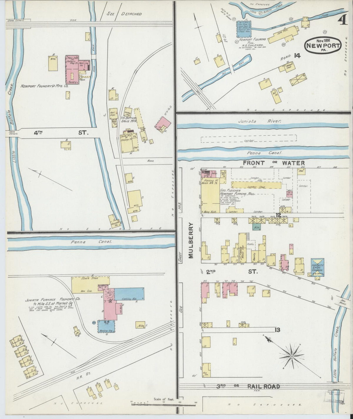 Sanborn Fire Insurance Map from Newport, Perry County, Pennsylvania (1891), Sheet #0004 - Historic Sanborn Fire Insurance Map Print, vintage old map wall art, antique decor, genealogy gift, Pennsylvania Pennsylvania map