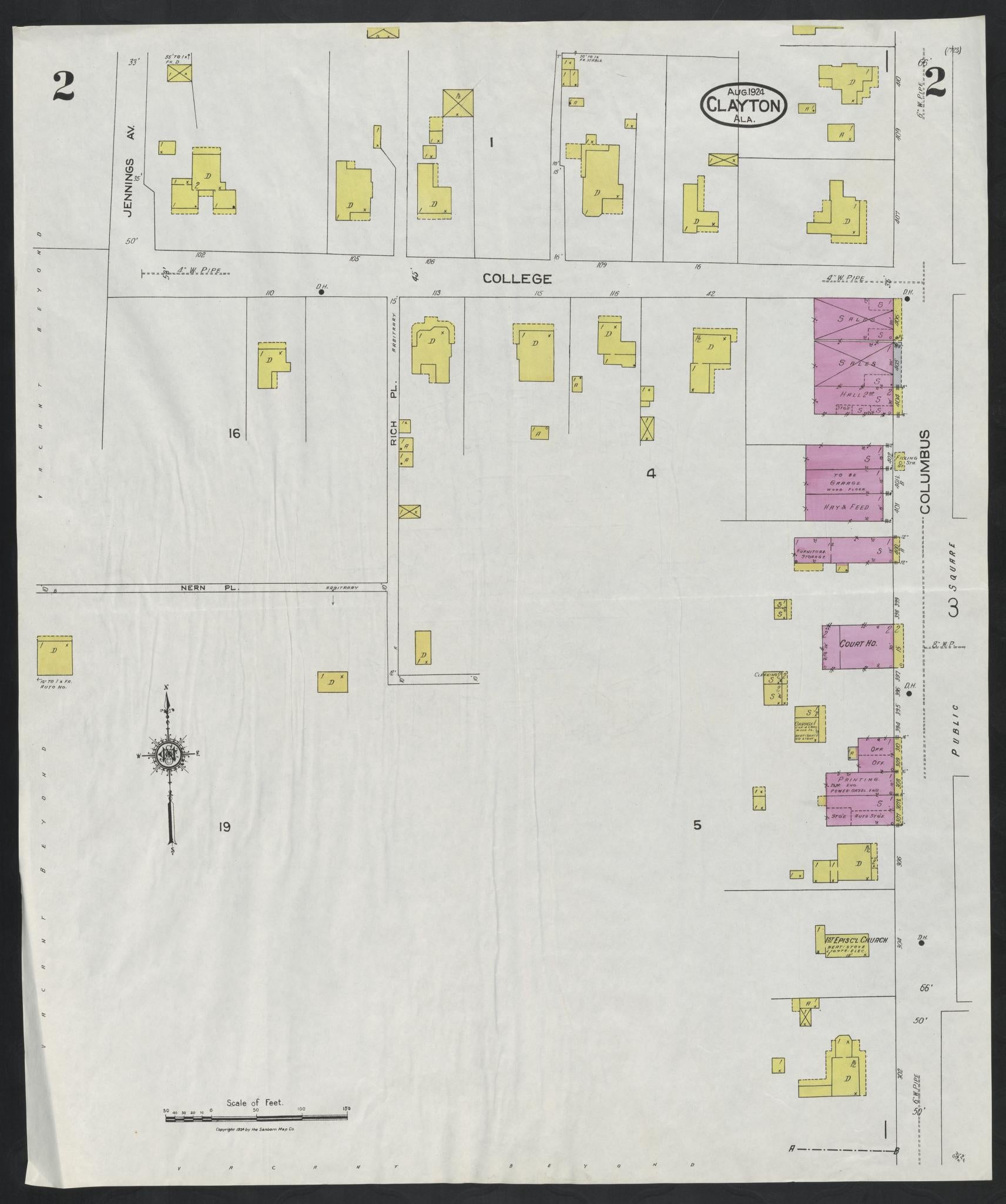 Sanborn Fire Insurance Map from Clayton, Barbour County, Alabama (1924), Sheet #0002 - Complete Map Set gallery image, historic Sanborn map, vintage wall art, Alabama Alabama