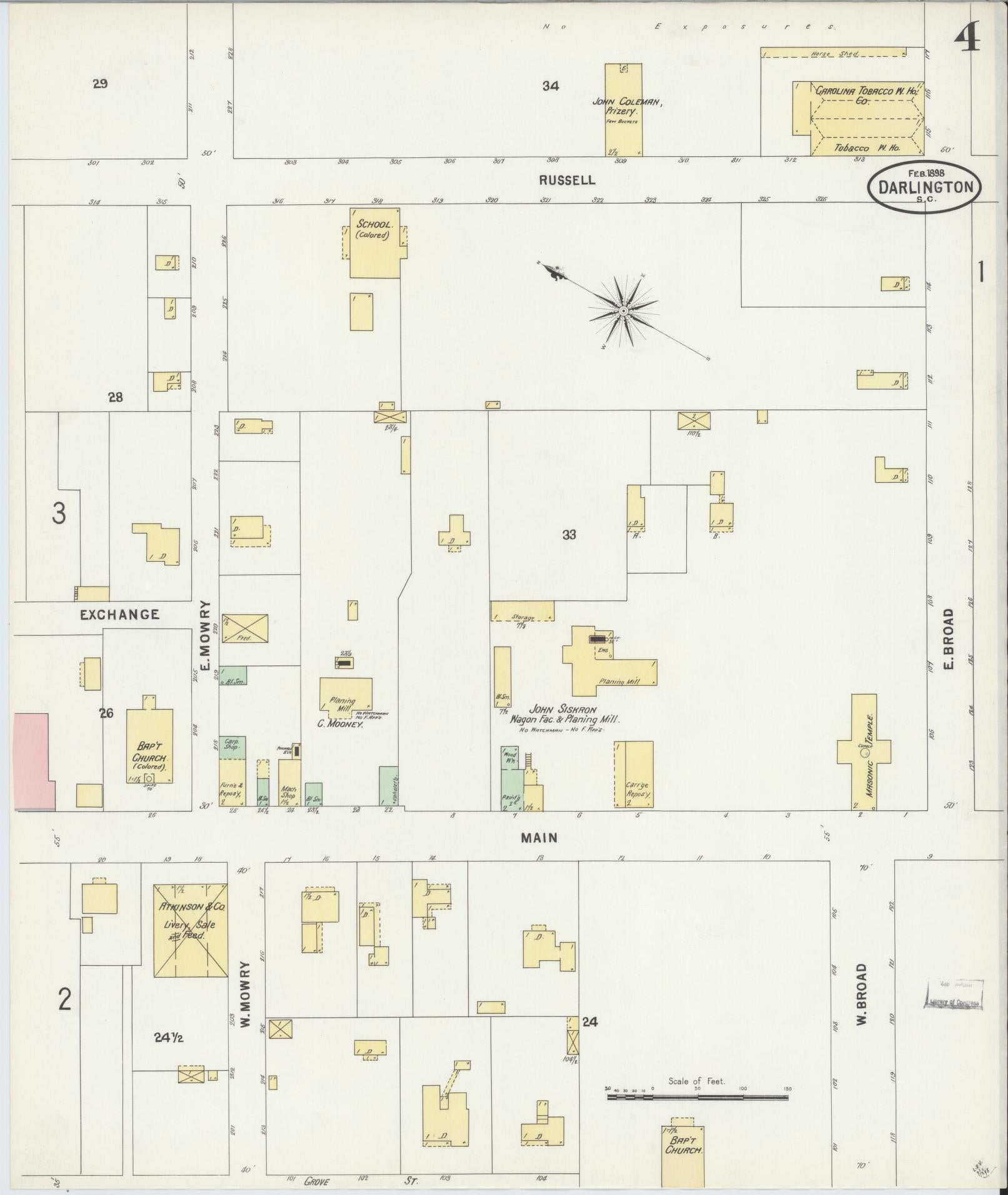 Sanborn Fire Insurance Map from Darlington, Darlington County, South Carolina (1898), Sheet #0004 - Historic Sanborn Fire Insurance Map Print, vintage old map wall art, antique decor, genealogy gift, South Carolina South Carolina map