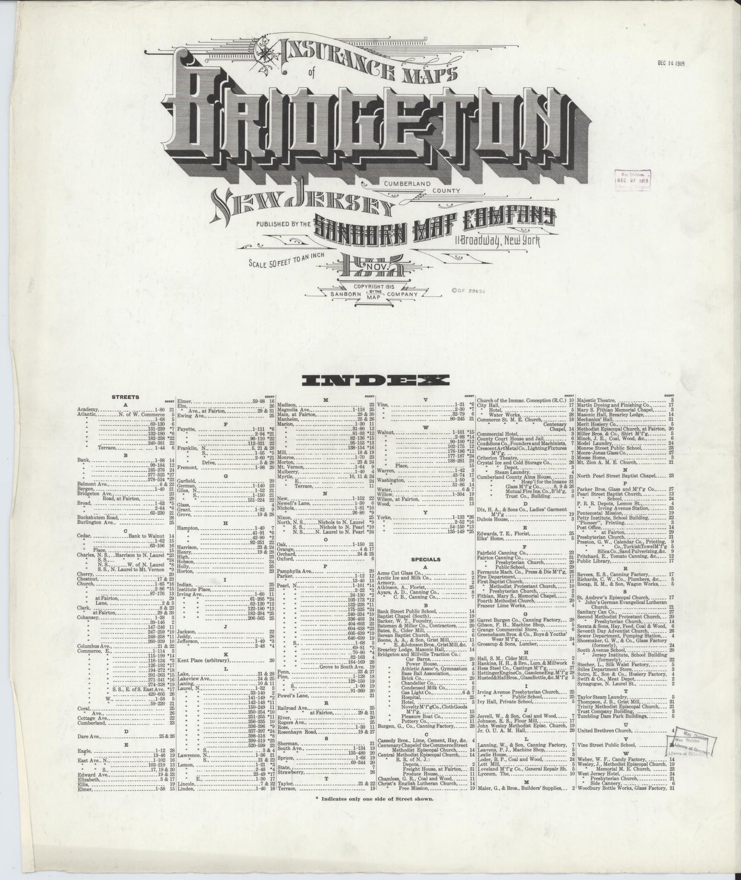 Sanborn Fire Insurance Map from Bridgeton, Cumberland County, New Jersey. (1915) – Historic Sanborn Fire Insurance Map Print