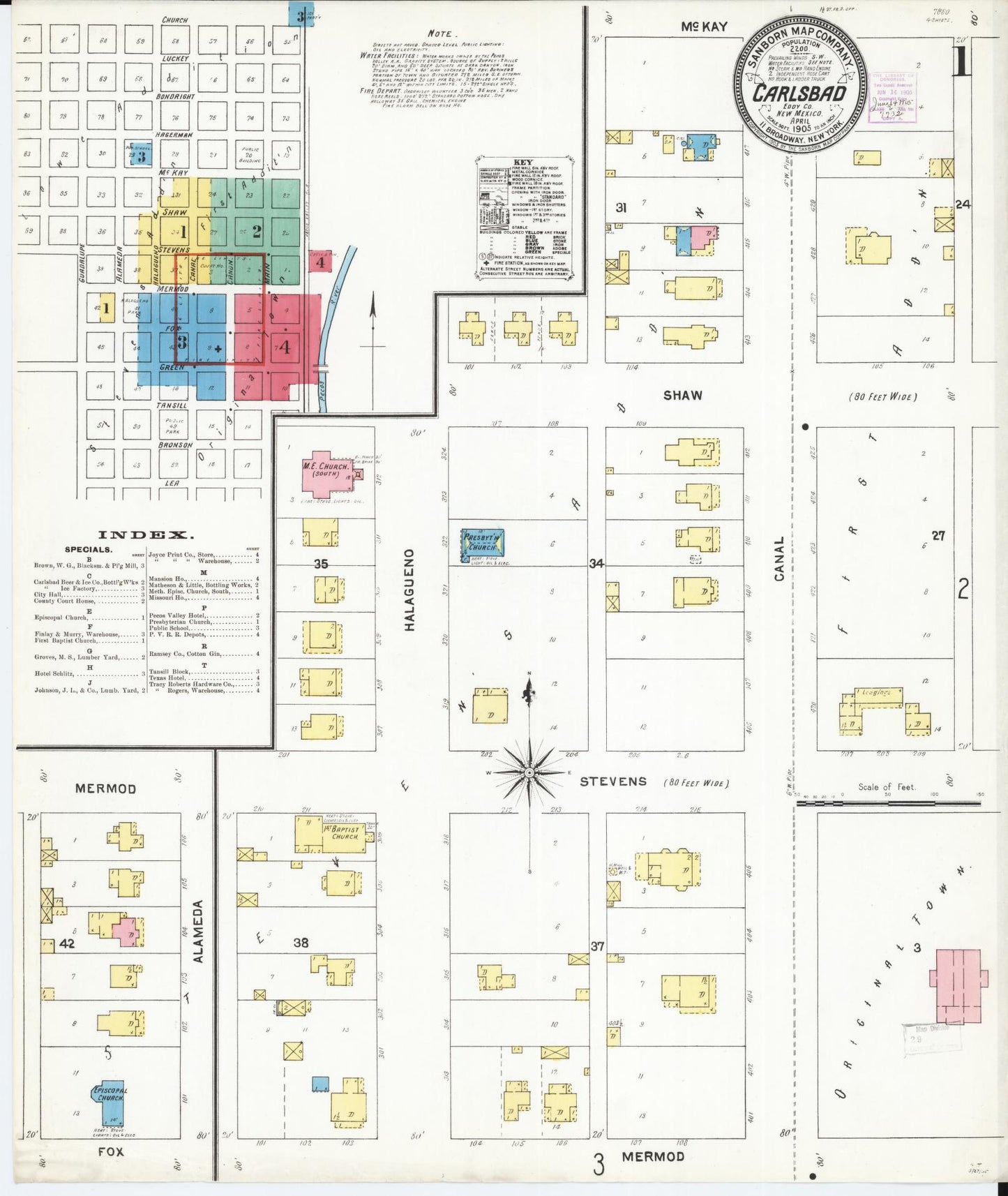 Sanborn Fire Insurance Map from Carlsbad, Eddy County, New Mexico (1905), Sheet #0001 - Complete Map Set gallery image, historic Sanborn map, vintage wall art, New Mexico New Mexico