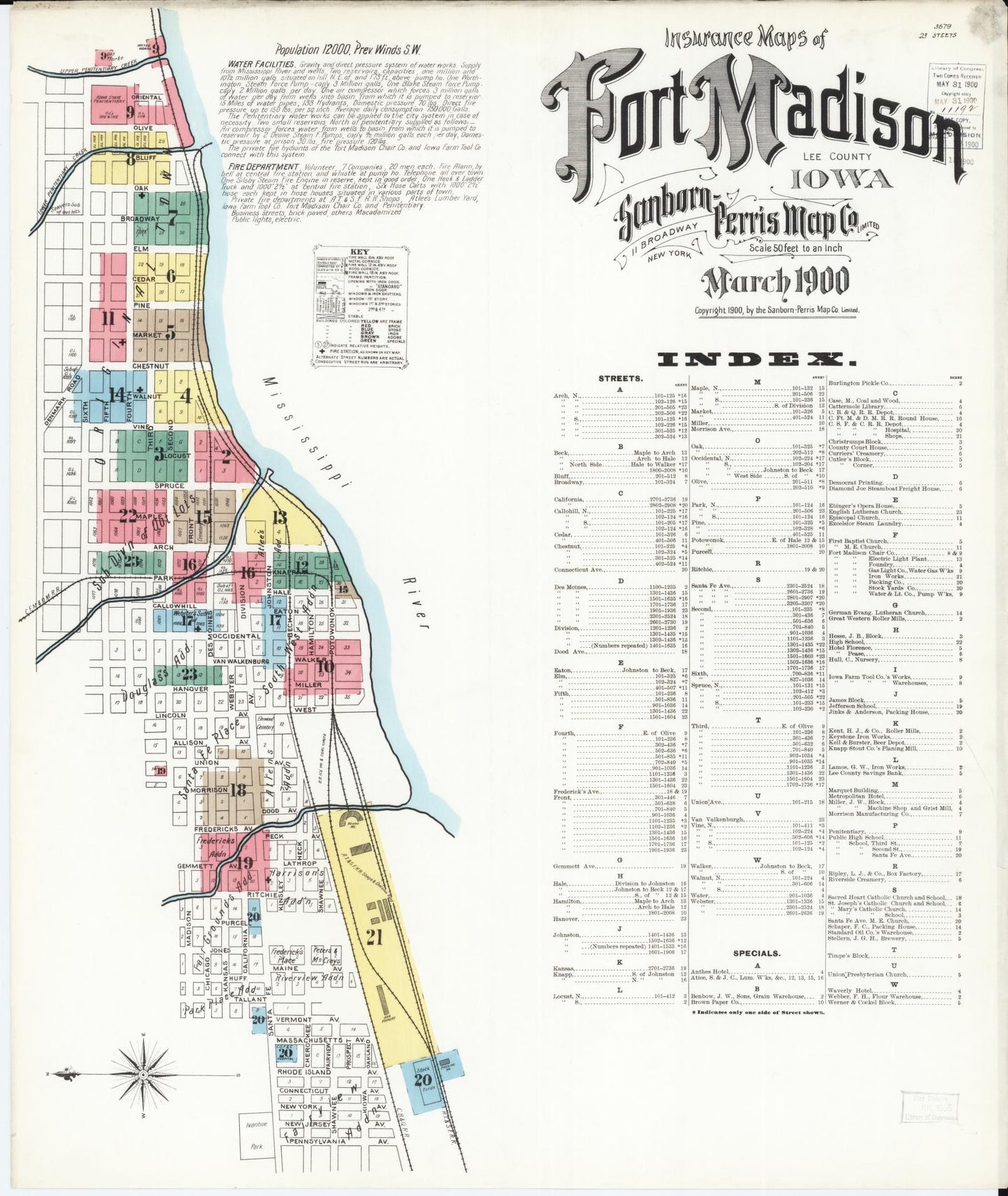 Sanborn Fire Insurance Map from Fort Madison, Lee County, Iowa (1900), Sheet #0001 - Historic Sanborn Fire Insurance Map Print, vintage old map wall art