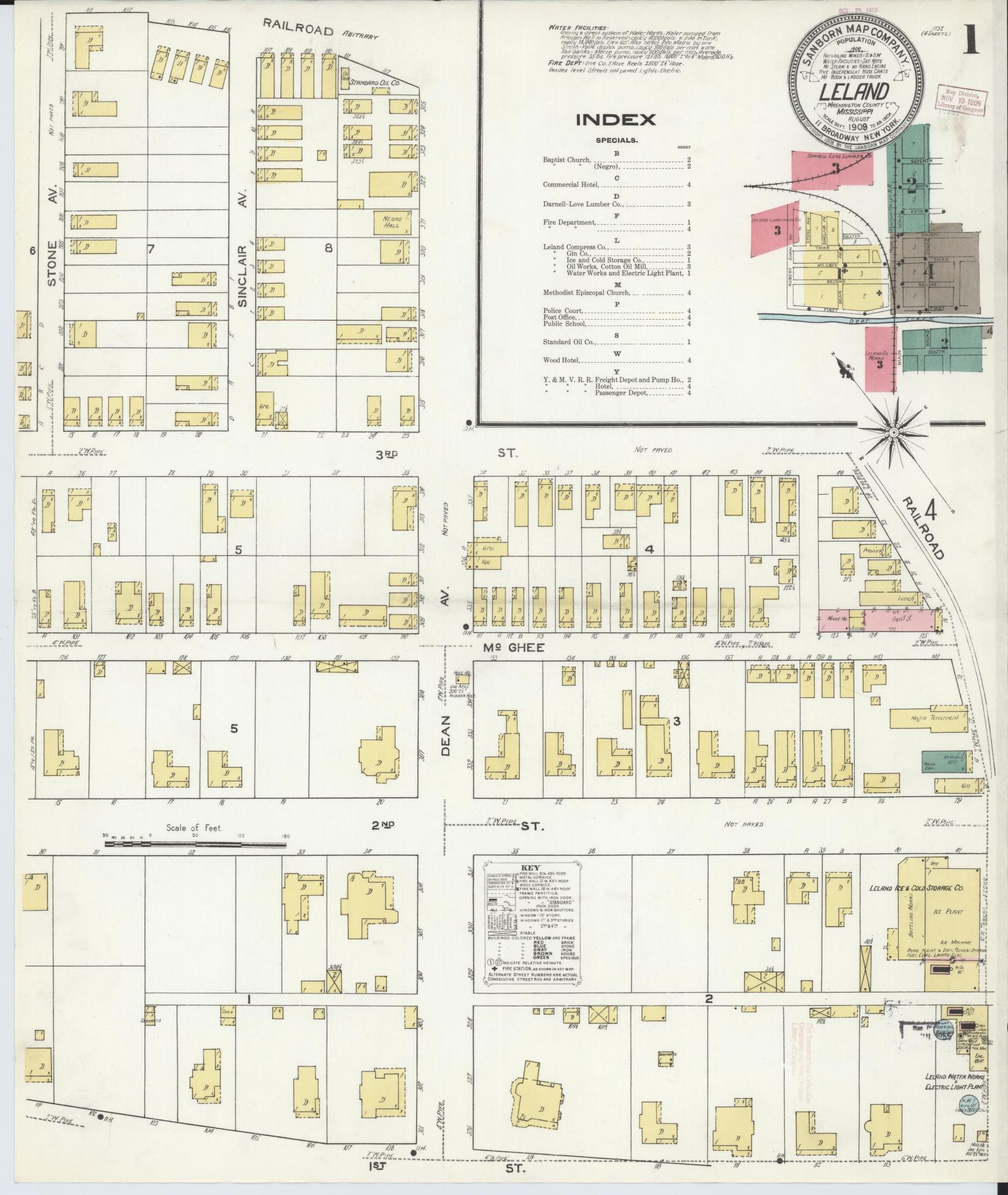 Sanborn Fire Insurance Map from Leland, Washington County, Mississippi (1909), Sheet #0001 - Complete Map Set gallery image, historic Sanborn map, vintage wall art, Mississippi Mississippi