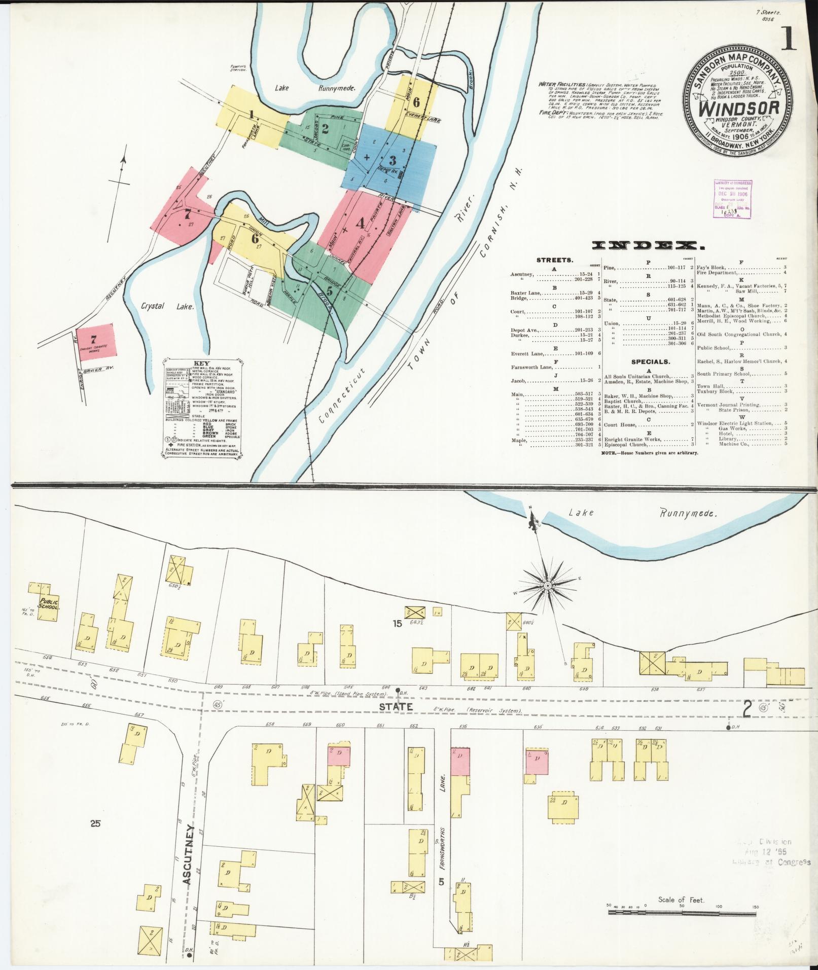 Sanborn Fire Insurance Map from Windsor, Windsor County, Vermont (1906), Sheet #0001 - Historic Sanborn Fire Insurance Map Print, vintage old map wall art, antique decor, genealogy gift, Vermont Vermont map