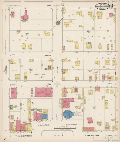 Sanborn Fire Insurance Map from New Braunfels, Comal County, Texas (1922), Sheet #0003 - Complete Map Set gallery image, historic Sanborn map, vintage wall art, Texas Texas