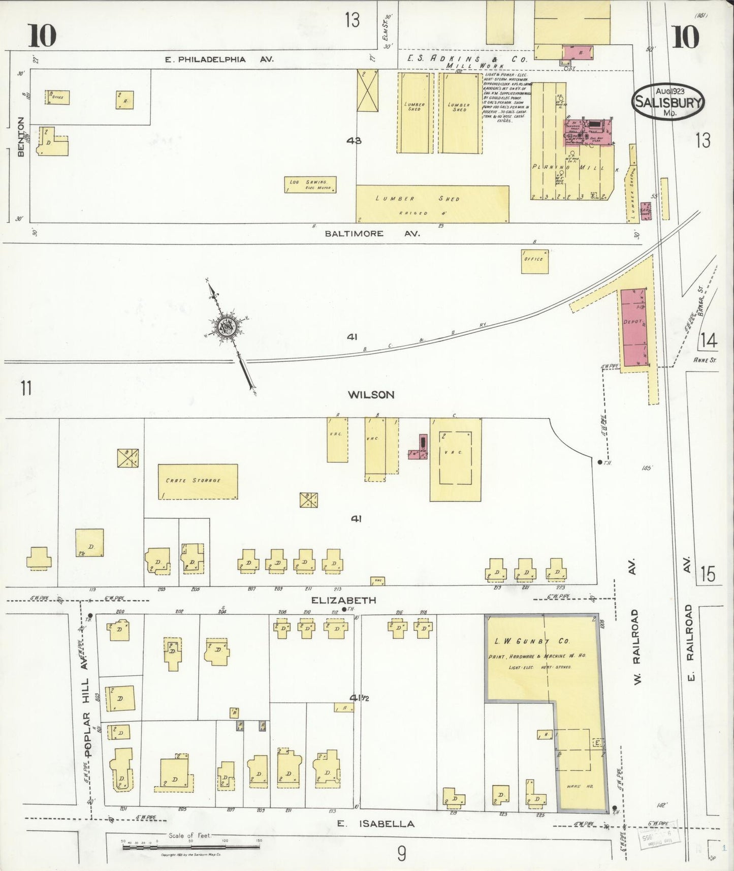 Sanborn Fire Insurance Map from Salisbury, Wicomico County, Maryland (1923), Sheet #0010 - Historic Sanborn Fire Insurance Map Print, vintage old map wall art