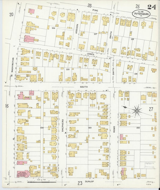 Sanborn Fire Insurance Map from Petersburg, Independent Cities, Virginia (1908), Sheet #0024 - Historic Sanborn Fire Insurance Map Print, vintage old map wall art, antique decor, genealogy gift, Virginia Virginia map