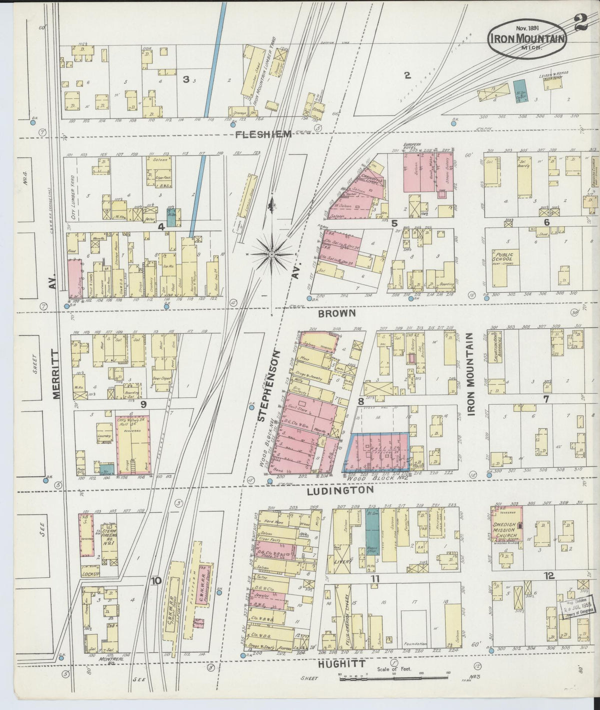 Sanborn Fire Insurance Map from Iron Mountain, Dickinson County, Michigan (1891), Sheet #0002 - Historic Sanborn Fire Insurance Map Print, vintage old map wall art, antique decor, genealogy gift, Michigan Michigan map