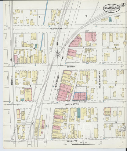 Sanborn Fire Insurance Map from Iron Mountain, Dickinson County, Michigan (1891), Sheet #0002 - Historic Sanborn Fire Insurance Map Print, vintage old map wall art, antique decor, genealogy gift, Michigan Michigan map