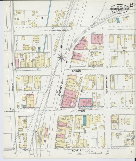 Sanborn Fire Insurance Map from Iron Mountain, Dickinson County, Michigan (1891), Sheet #0002 - Historic Sanborn Fire Insurance Map Print, vintage old map wall art, antique decor, genealogy gift, Michigan Michigan map