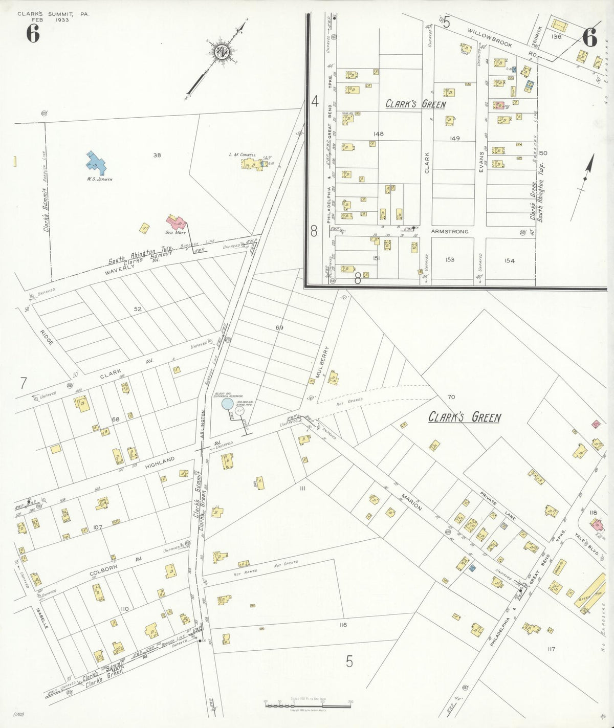 Sanborn Fire Insurance Map from Clark's Summit, Lackawanna County, Pennsylvania (1933), Sheet #0006 - Complete Map Set gallery image, historic Sanborn map, vintage wall art, Pennsylvania Pennsylvania