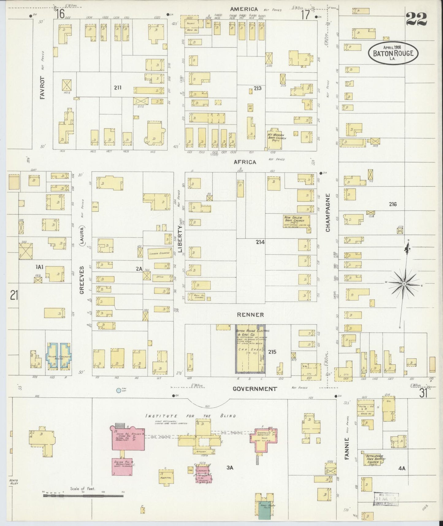 Sanborn Fire Insurance Map from Baton Rouge, East Baton Rouge Parish, Louisiana (1908), Sheet #0022 - Historic Sanborn Fire Insurance Map Print, vintage old map wall art, antique decor, genealogy gift, Louisiana Louisiana map