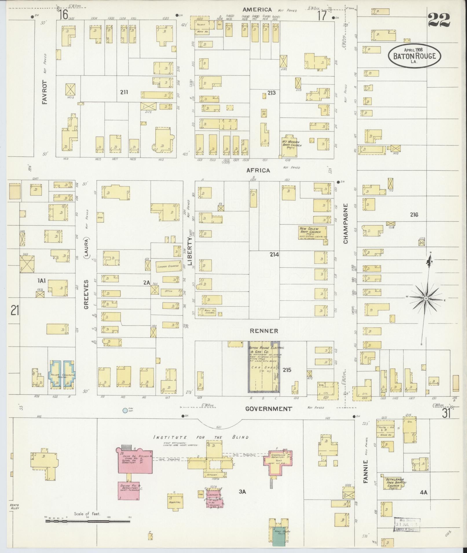 Sanborn Fire Insurance Map from Baton Rouge, East Baton Rouge Parish, Louisiana (1908), Sheet #0022 - Historic Sanborn Fire Insurance Map Print, vintage old map wall art, antique decor, genealogy gift, Louisiana Louisiana map