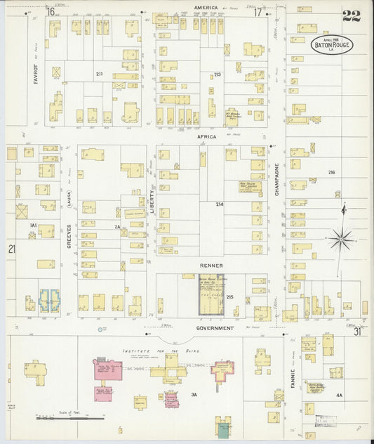 Sanborn Fire Insurance Map from Baton Rouge, East Baton Rouge Parish, Louisiana (1908), Sheet #0022 - Historic Sanborn Fire Insurance Map Print, vintage old map wall art, antique decor, genealogy gift, Louisiana Louisiana map