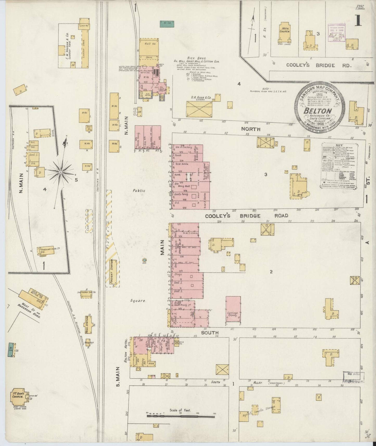Sanborn Fire Insurance Map from Belton, Anderson County, South Carolina (1906), Sheet #0001 - Complete Map Set gallery image, historic Sanborn map, vintage wall art, South Carolina South Carolina