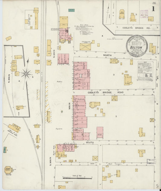 Sanborn Fire Insurance Map from Belton, Anderson County, South Carolina (1906), Sheet #0001 - Complete Map Set gallery image, historic Sanborn map, vintage wall art, South Carolina South Carolina