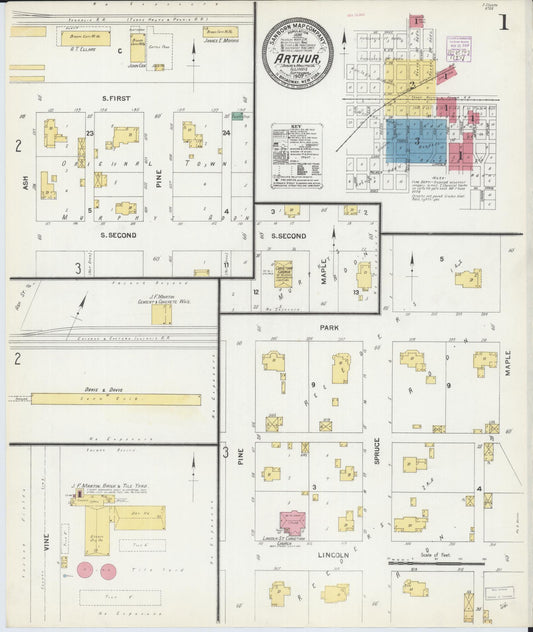 Sanborn Fire Insurance Map from Arthur, Moultrie And Douglas Counties, Illinois (1907), Sheet #0001 - Historic Sanborn Fire Insurance Map Print, vintage old map wall art, antique decor, genealogy gift, Illinois Illinois map