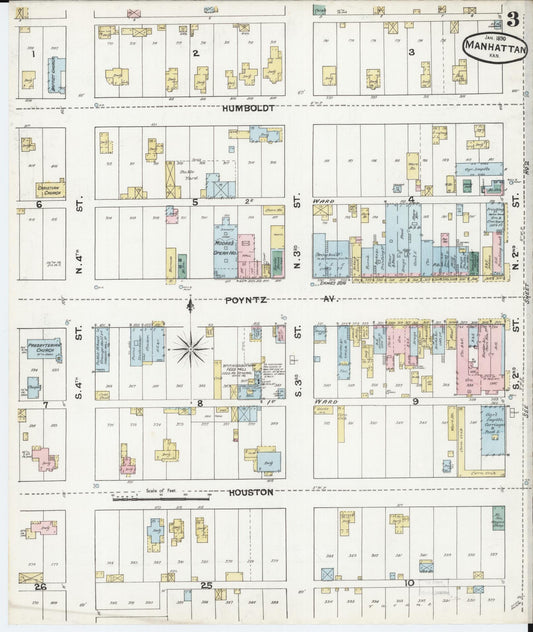 Sanborn Fire Insurance Map from Manhattan, Riley County, Kansas (1890), Sheet #0003 - Historic Sanborn Fire Insurance Map Print, vintage old map wall art, antique decor, genealogy gift, Kansas Kansas map