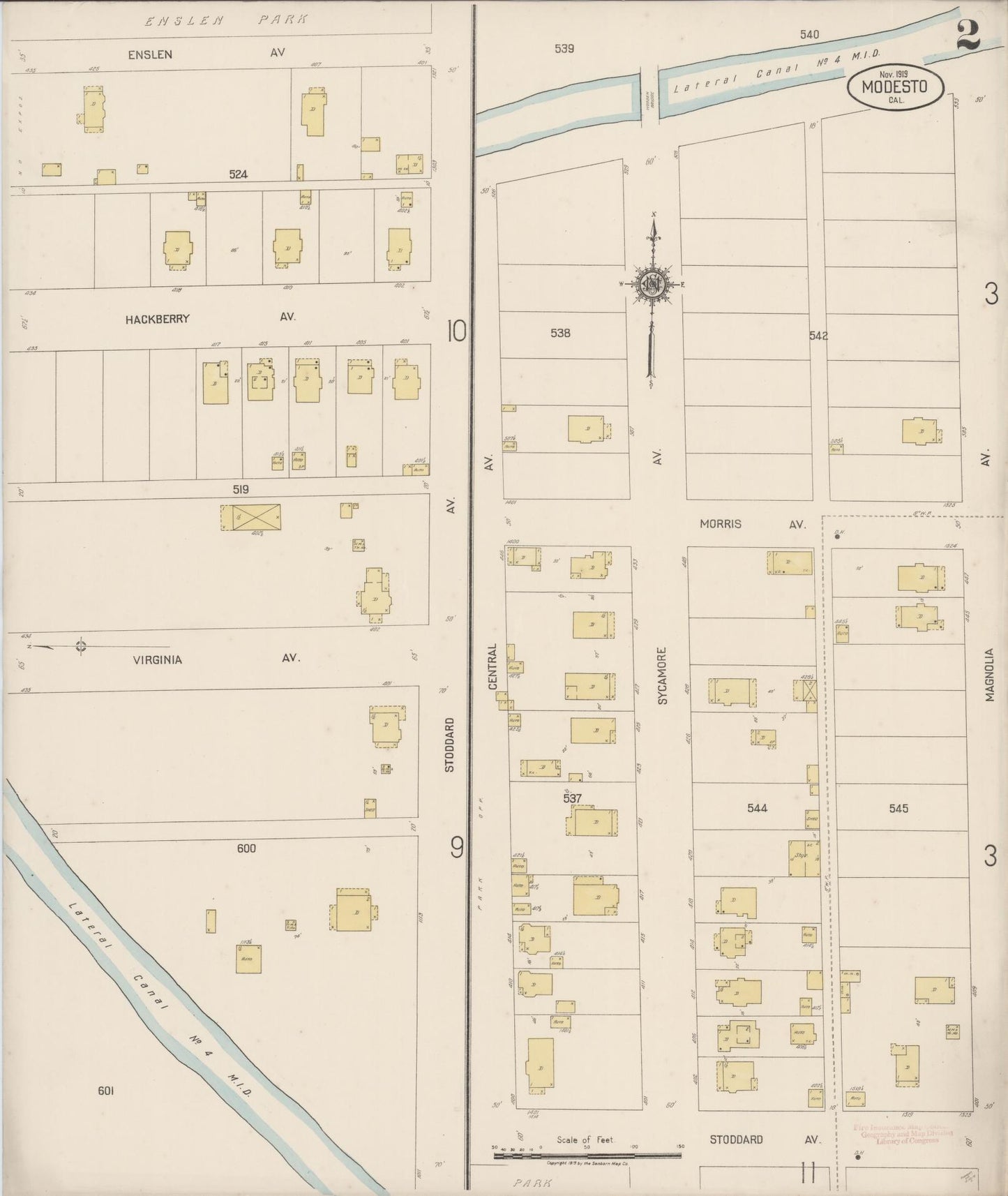 Sanborn Fire Insurance Map from Modesto, Stanislaus County, California (1919), Sheet #0002 - Complete Map Set gallery image, historic Sanborn map, vintage wall art, California California