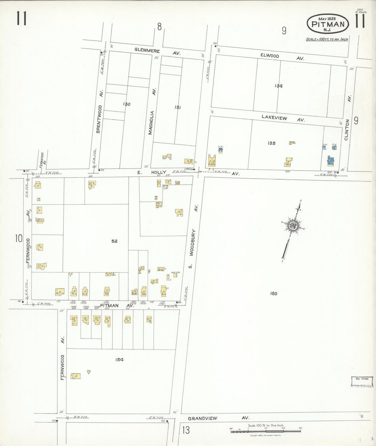 Sanborn Fire Insurance Map from Pitman, Gloucester County, New Jersey (1923), Sheet #0011 - Historic Sanborn Fire Insurance Map Print, vintage old map wall art, antique decor, genealogy gift, New Jersey New Jersey map