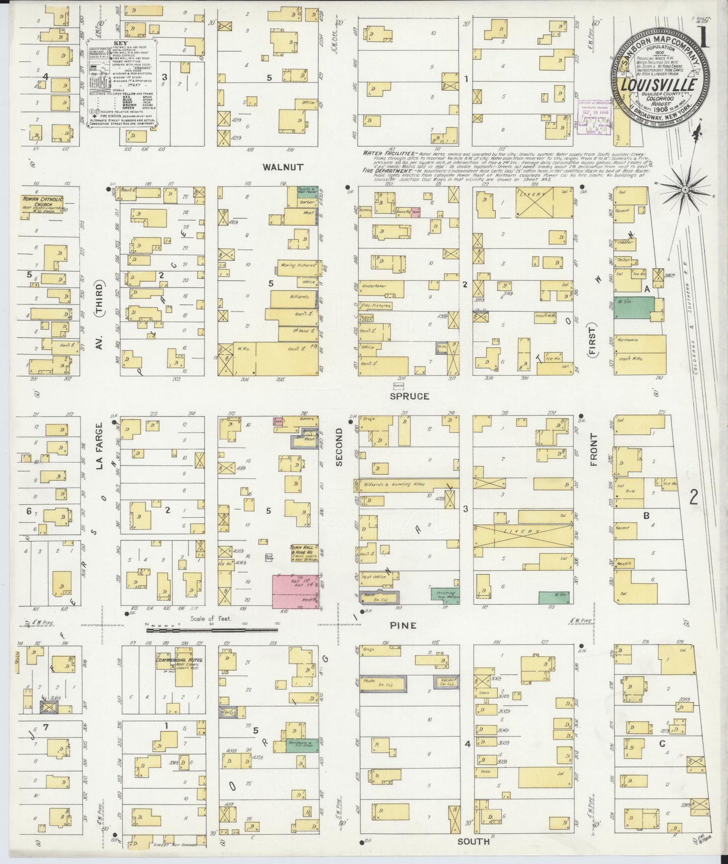 Sanborn Fire Insurance Map from Louisville, Boulder County, Colorado (1908), Sheet #0001 - Historic Sanborn Fire Insurance Map Print, vintage old map wall art, antique decor, genealogy gift, Colorado Colorado map