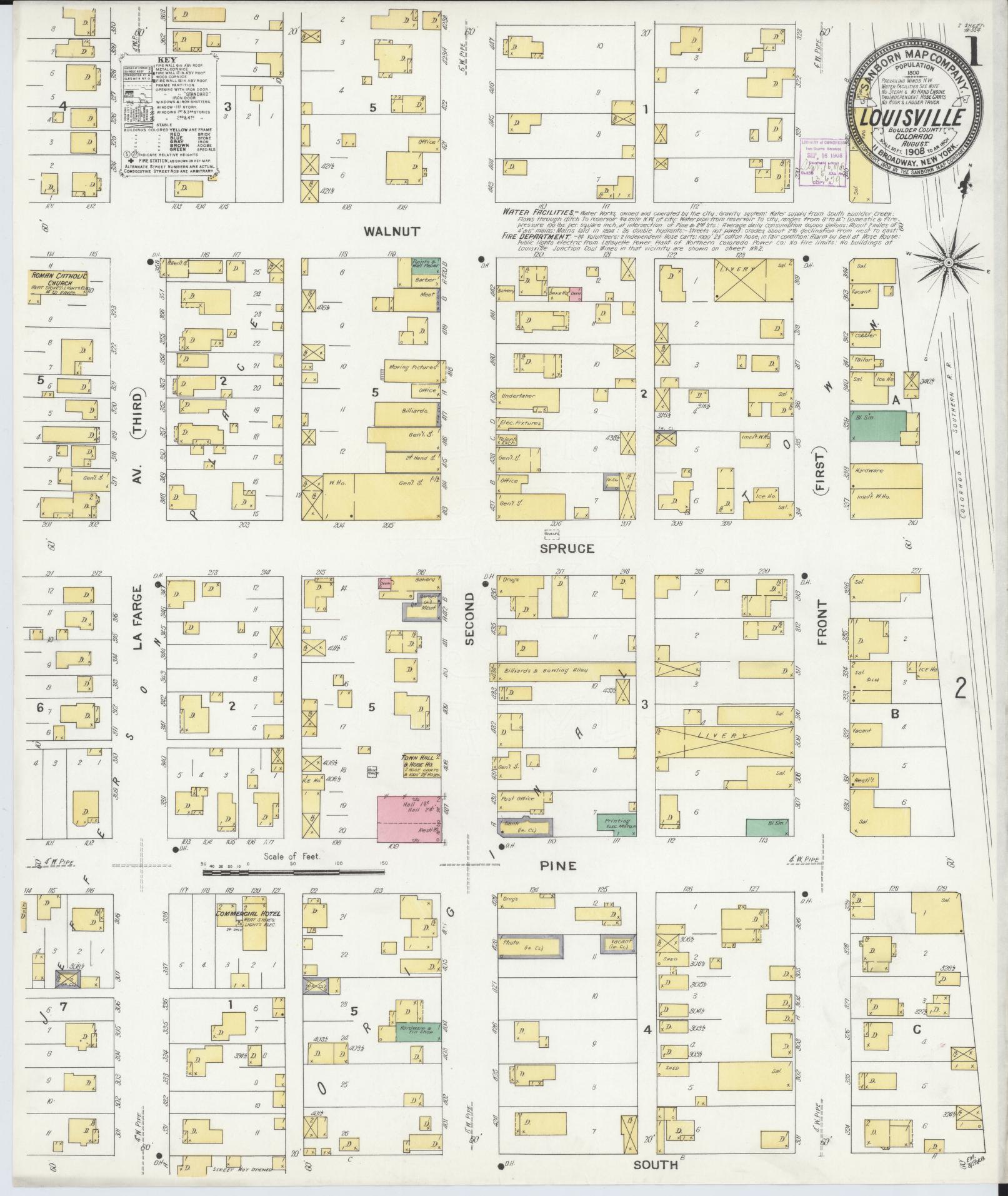 Sanborn Fire Insurance Map from Louisville, Boulder County, Colorado (1908), Sheet #0001 - Historic Sanborn Fire Insurance Map Print, vintage old map wall art, antique decor, genealogy gift, Colorado Colorado map
