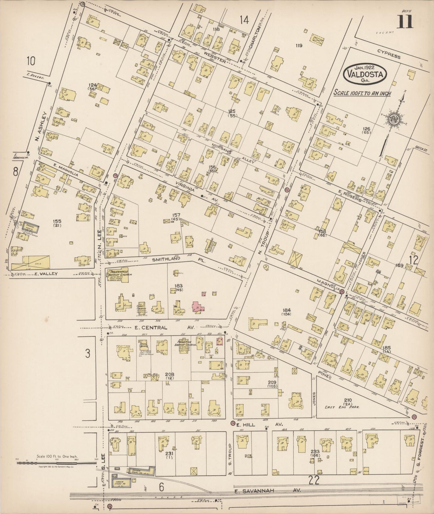 Sanborn Fire Insurance Map from Valdosta, Lowndes County, Georgia (1922), Sheet #0011 - Historic Sanborn Fire Insurance Map Print, vintage old map wall art, antique decor, genealogy gift, Georgia Georgia map