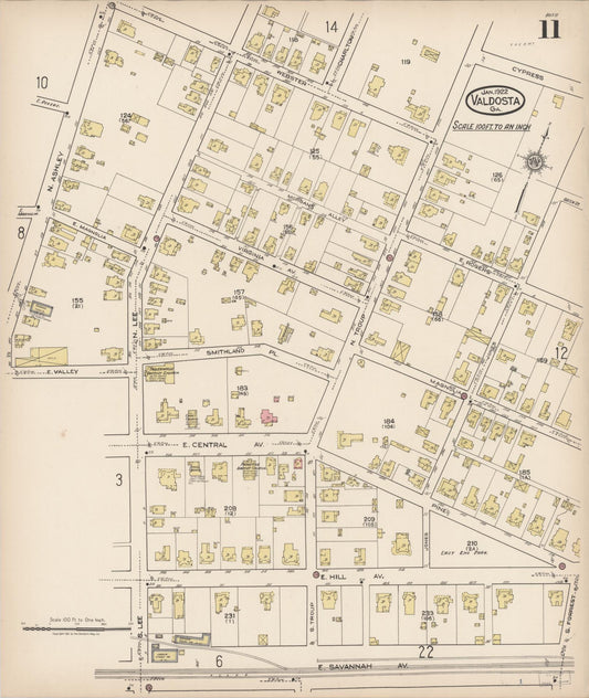 Sanborn Fire Insurance Map from Valdosta, Lowndes County, Georgia (1922), Sheet #0011 - Historic Sanborn Fire Insurance Map Print, vintage old map wall art, antique decor, genealogy gift, Georgia Georgia map