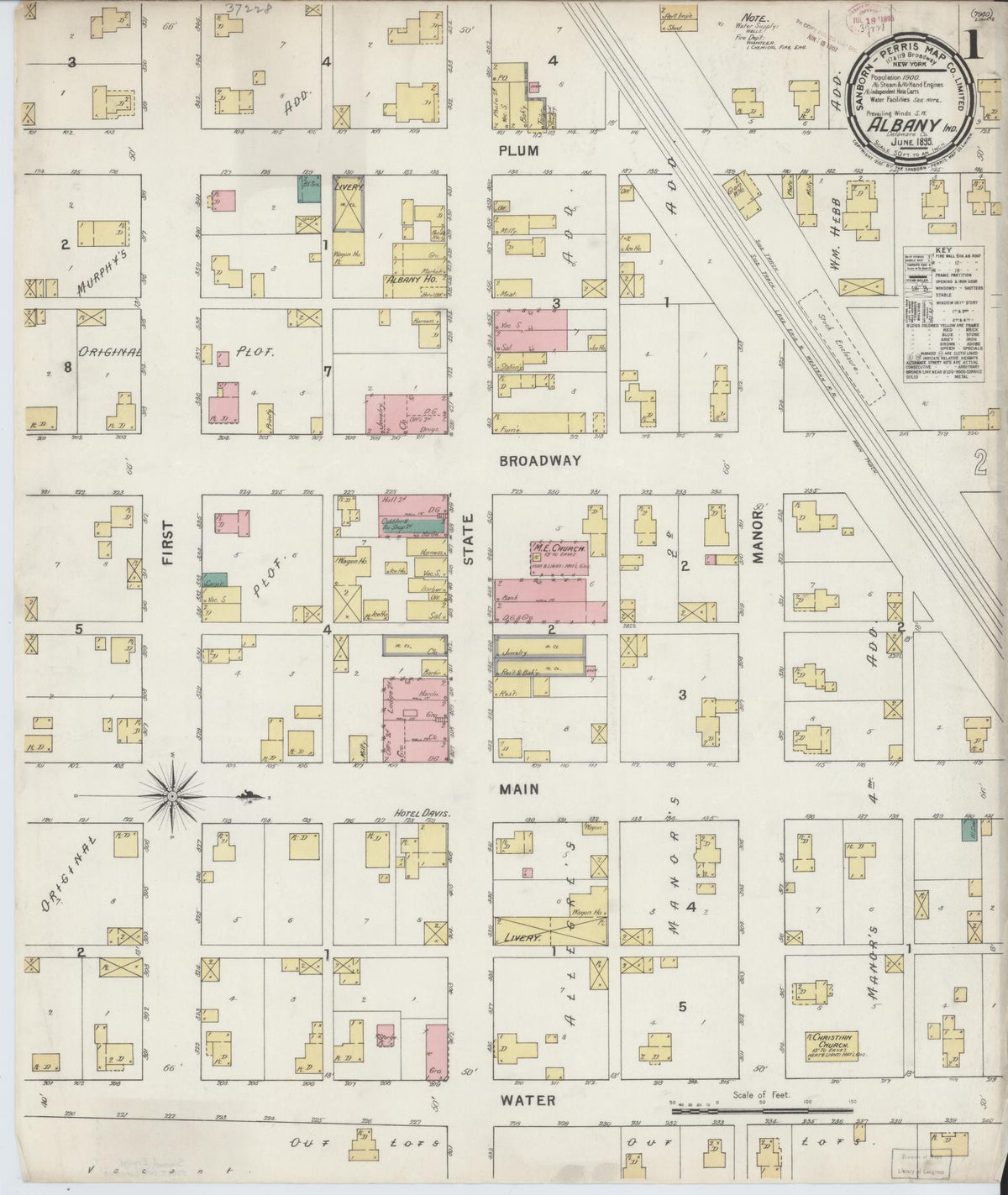 Sanborn Fire Insurance Map from Albany, Delaware County, Indiana (1895), Sheet #0001 - Historic Sanborn Fire Insurance Map Print, vintage old map wall art, antique decor, genealogy gift, Albany Delaware map
