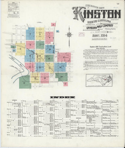 Sanborn Fire Insurance Map from Kinston, Lenoir County, North Carolina (1914), Sheet #0001 - Complete Map Set gallery image, historic Sanborn map, vintage wall art, North Carolina North Carolina