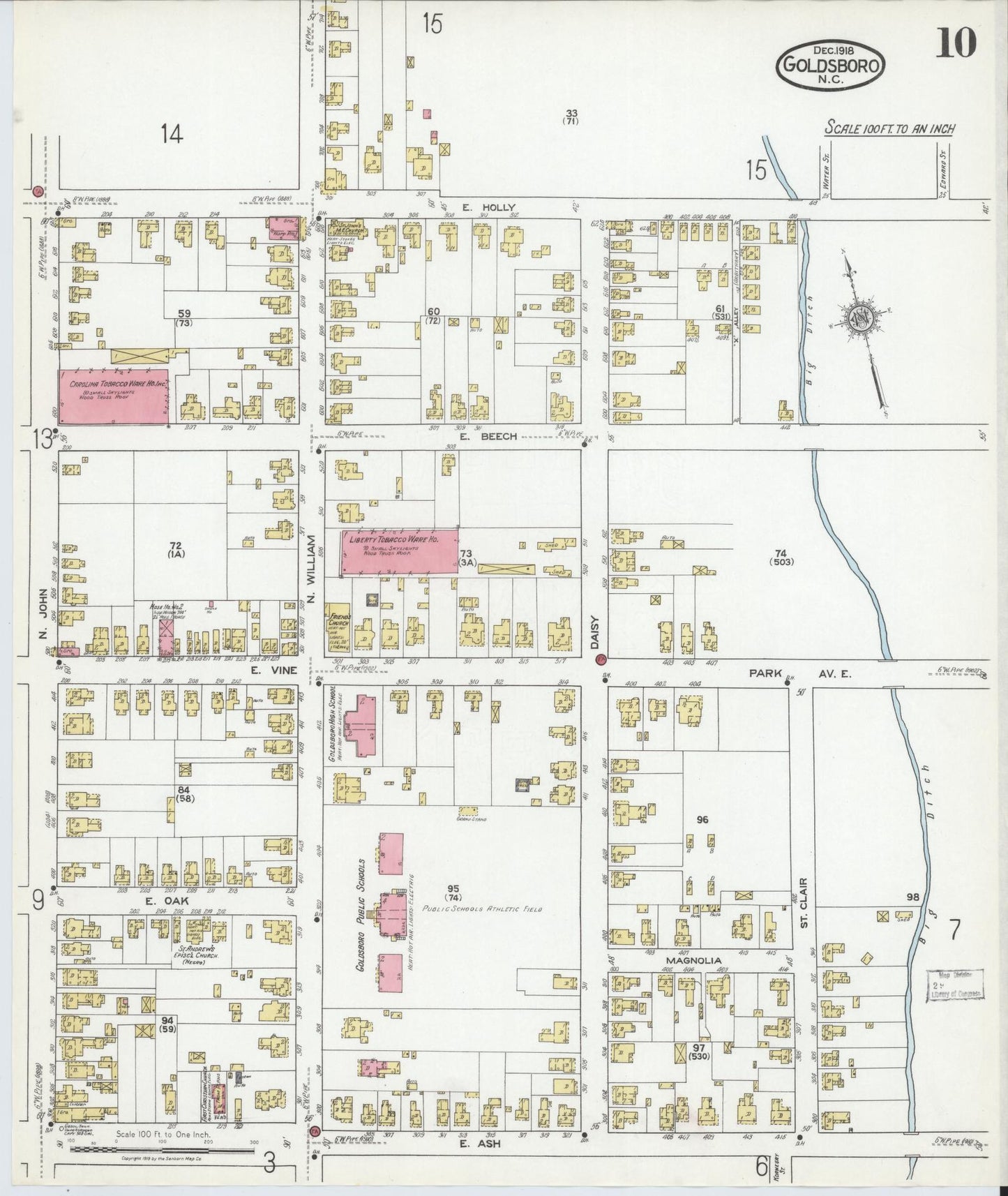 Sanborn Fire Insurance Map from Goldsboro, Wayne County, North Carolina (1918), Sheet #0010 - Complete Map Set gallery image, historic Sanborn map, vintage wall art, North Carolina North Carolina