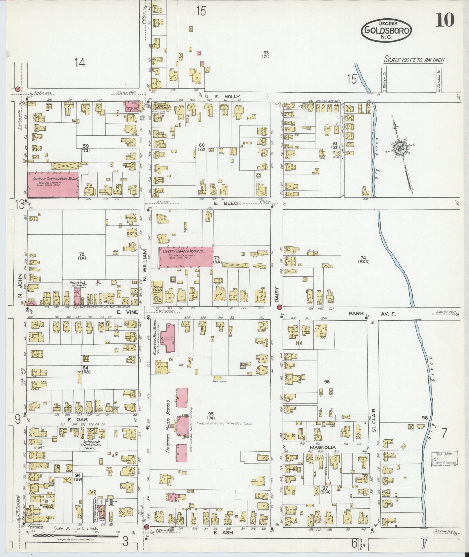 Sanborn Fire Insurance Map from Goldsboro, Wayne County, North Carolina (1918), Sheet #0010 - Complete Map Set gallery image, historic Sanborn map, vintage wall art, North Carolina North Carolina