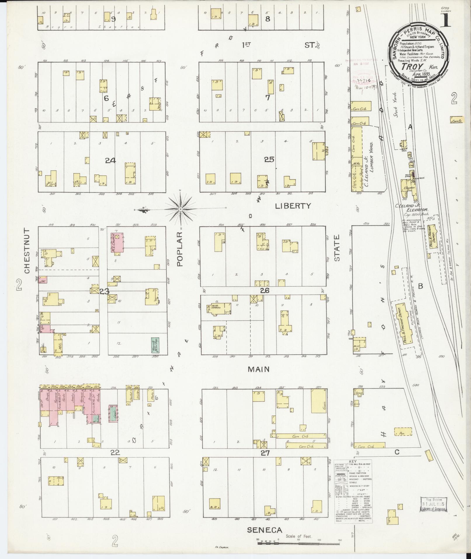 Sanborn Fire Insurance Map from Troy, Doniphan County, Kansas (1893), Sheet #0001 - Complete Map Set gallery image, historic Sanborn map, vintage wall art, Kansas Kansas