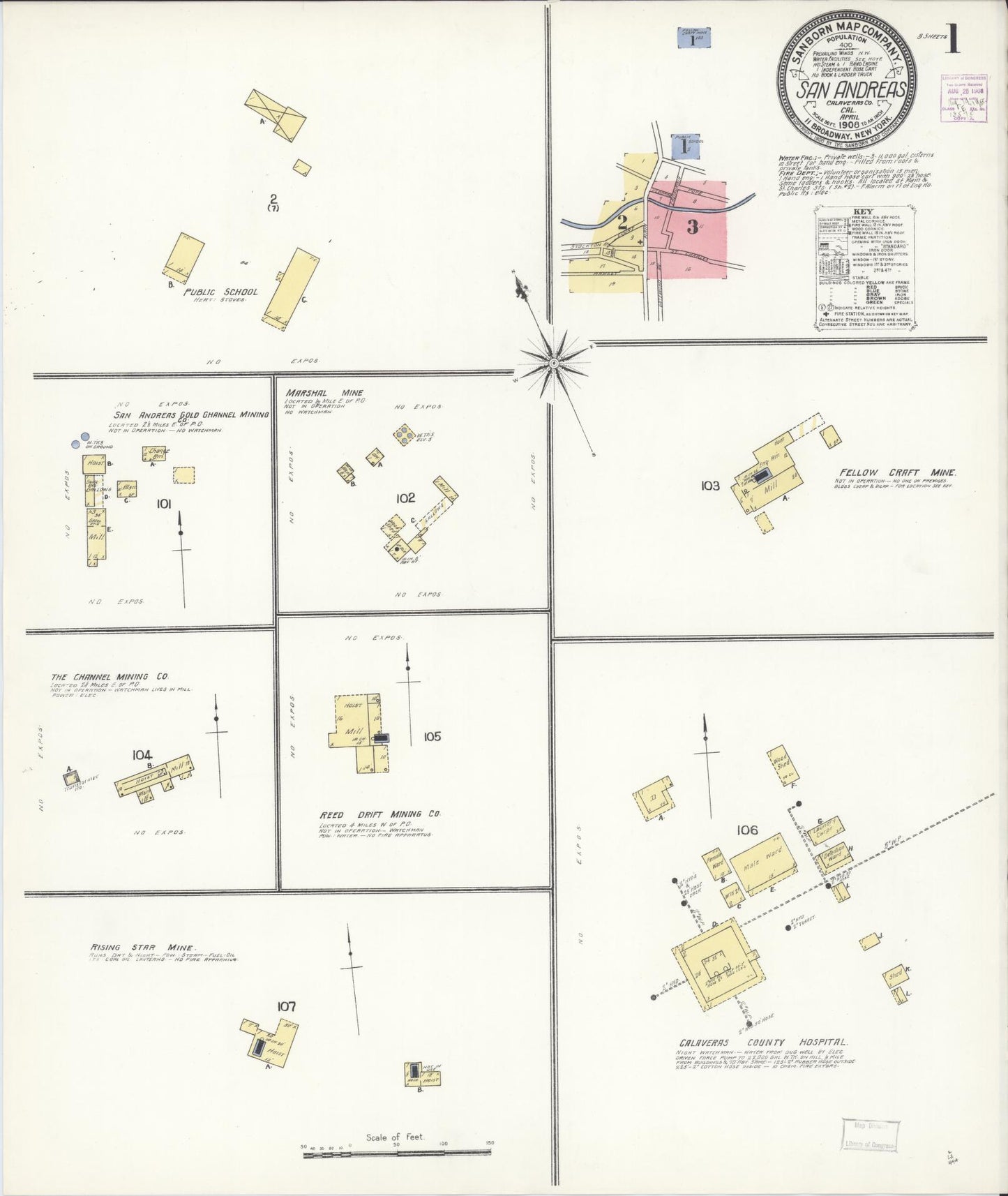 Sanborn Fire Insurance Map from San Andreas, Calaveras County, California (1908), Sheet #0001 - Complete Map Set gallery image, historic Sanborn map, vintage wall art, California California